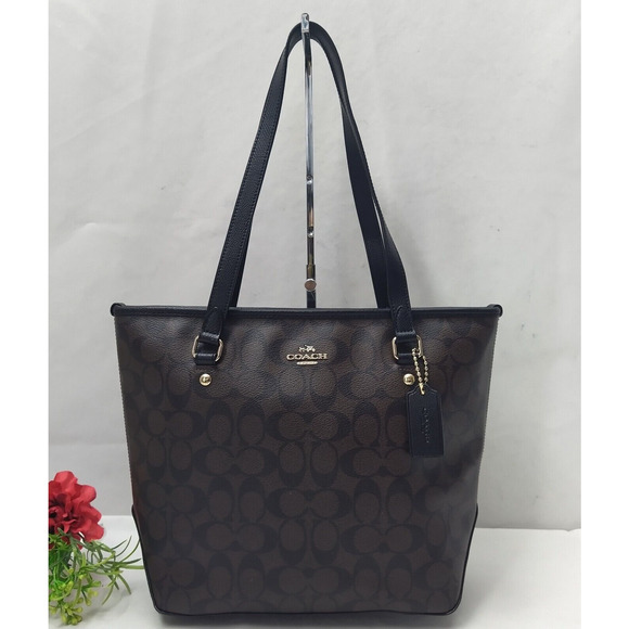 Coach Signature Brown Leather Double Handle Zipper Closure Tote Shoulder Bag - Picture 1 of 16
